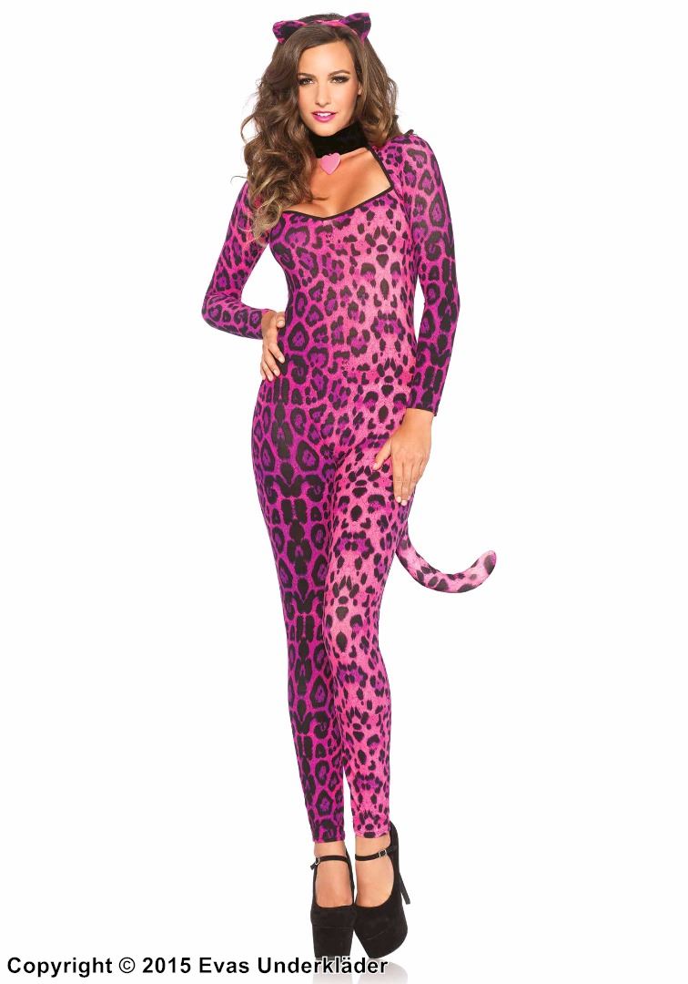 Leopardin (Frau), Kostüm-Catsuit, passendes Zubehör, Schwanz